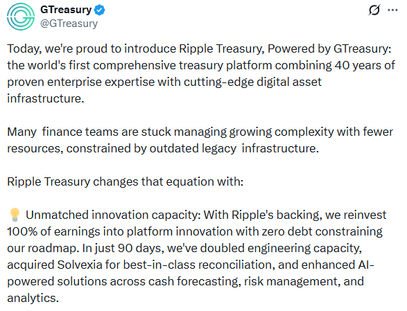 Ripple treasury platform launched by GTreasury