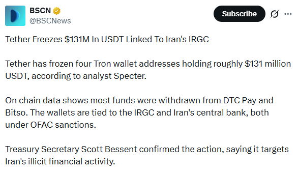 Tether freezes USDT Iran 