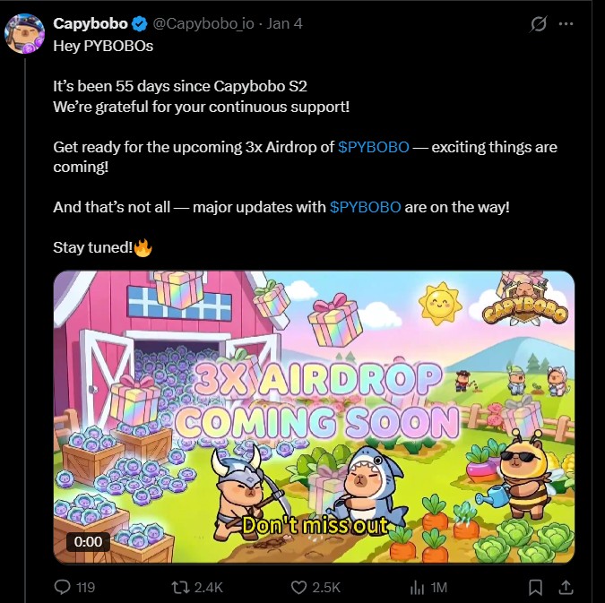 Capybobo Season 2 is coming with 3x Airdrop.