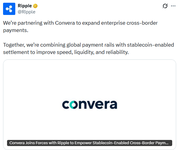 Ripple Convera partnership for stablecoin cross border payments