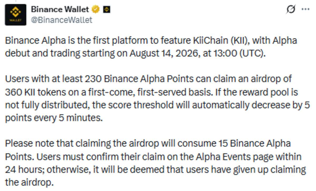 Official Binance wallet X post screenshot showing Kii listing details on Alpha Official Binance wallet X post screenshot showing Kii listing details on Alpha