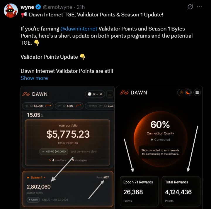 Wyne X post on the Season 1 rewards program
