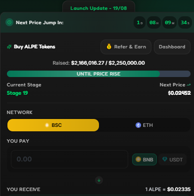 AlphaPepe presale dashboard Stage 19 pricing, August 1, 2026