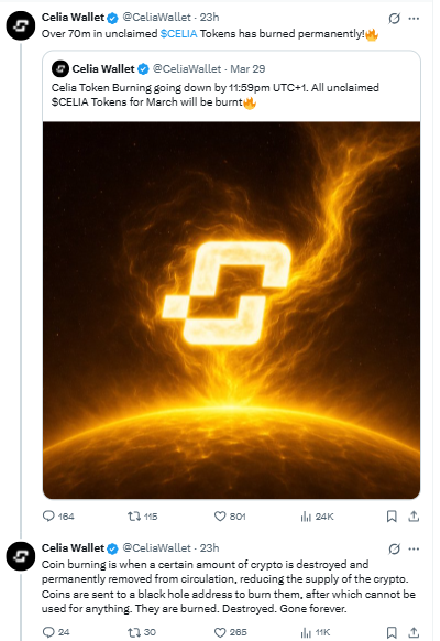 Celia token burn update showing 70M tokens removed from supply Celia token burn update showing 70M tokens removed from supply