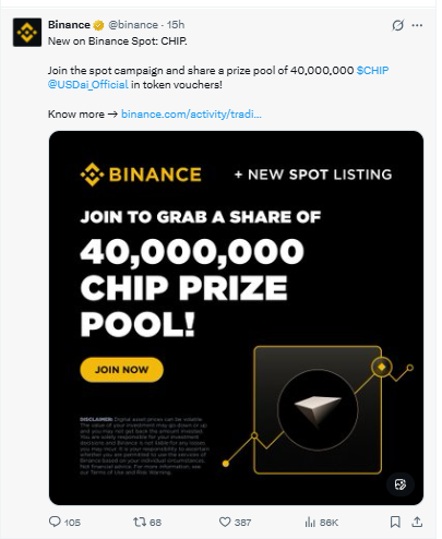 CHIP Binance 40M token prize pool campaign listing