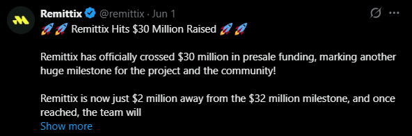 Remittix presale crossed the $30M milestone