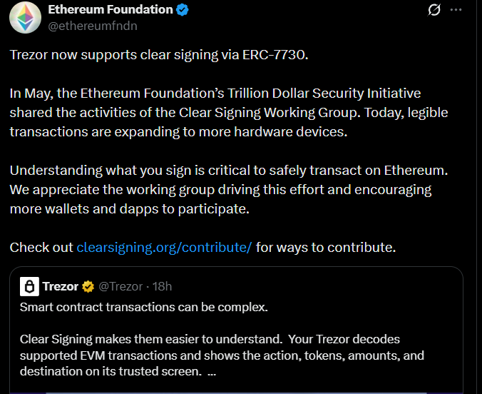 Trezor Adds Ethereum Clear Signing Support Through ERC-7730 Trezor Adds Ethereum Clear Signing Support Through ERC-7730