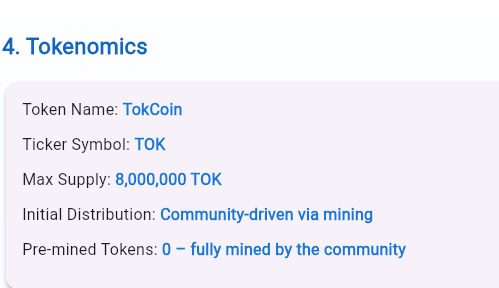 Tokcoin Network tokenomics 8M TOK supply overview Tokcoin Network tokenomics 8M TOK supply overview