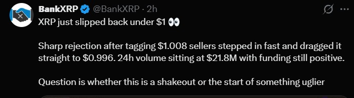 XRP Price Hits Below $1