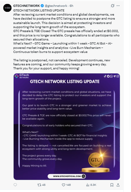 Gtex Lisitng dealy annoucement