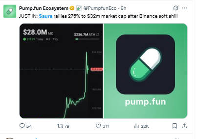 Pump. fun exosystem tweet about AURA