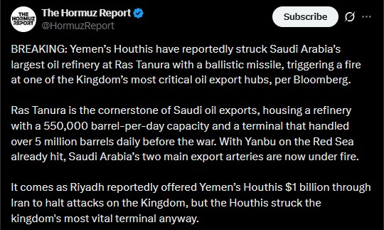Houthis Claim Missile Strike on Saudi Arabia's Ras Tanura