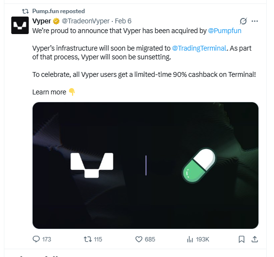 Pump.fun Vyper acquisition announcement highlighting trading platform migration update
