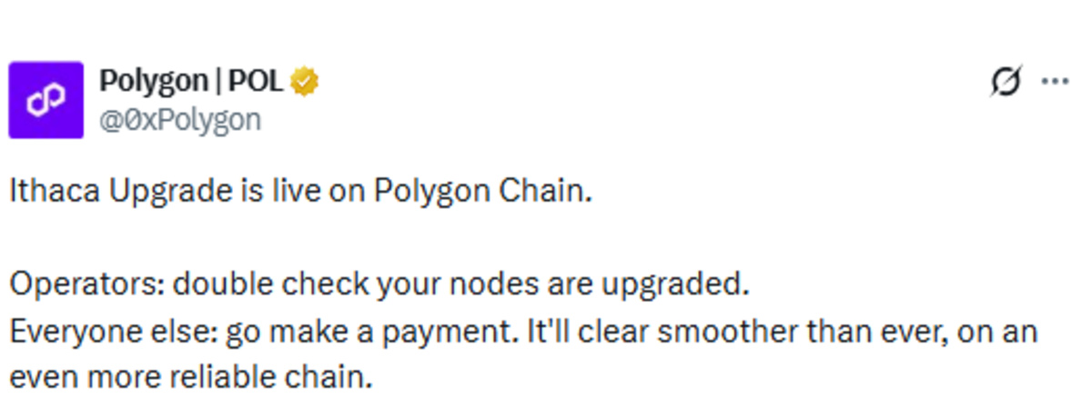 Polygon official post screenshot to Ithaca Upgrade announcement