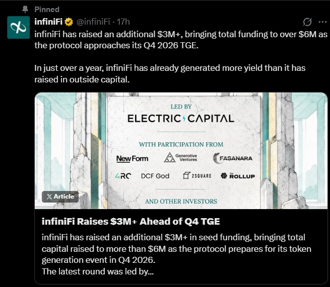 infiniFi Raises Over $3M in Seed Funding Ahead of Q4 2026 TGE infiniFi Raises Over $3M in Seed Funding Ahead of Q4 2026 TGE