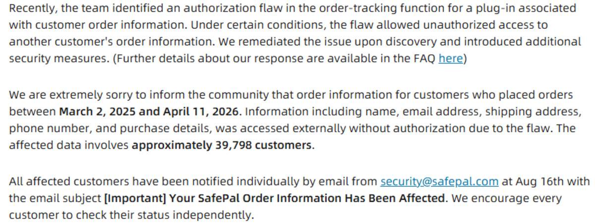 Official SafePal Blog screenshot showing data  breach details