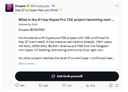 Dropee on mumber 1 replied GROK