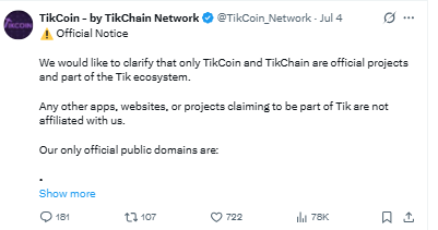 TikCoin Network Warning About Fake Projects