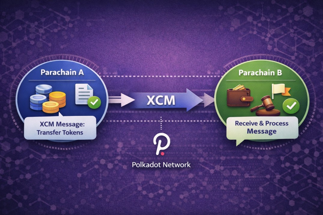 Parachain A sends an XCM message to Parachain B in polkadot ecosystem Parachain A sends an XCM message to Parachain B in polkadot ecosystem