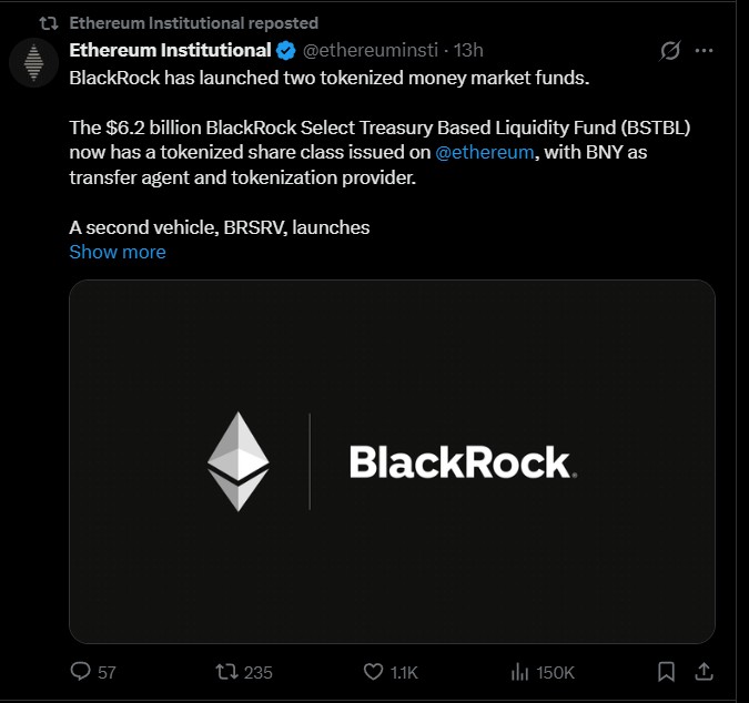 BlackRock has launched two tokenized money market funds. BlackRock has launched two tokenized money market funds.