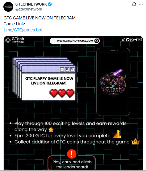 GTech Network GTC Flappy Game live Telegram