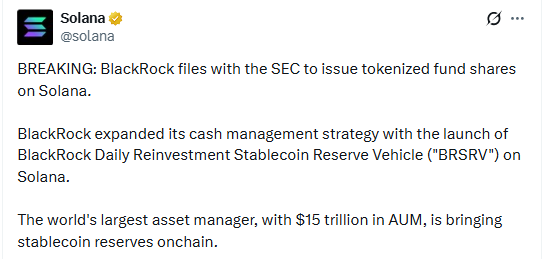 Solana X post announcing BlackRock's BRSRV SEC filing