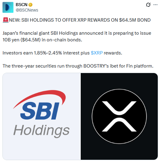 SBI holdings to offer XRP rewards on $64.5M Bond
