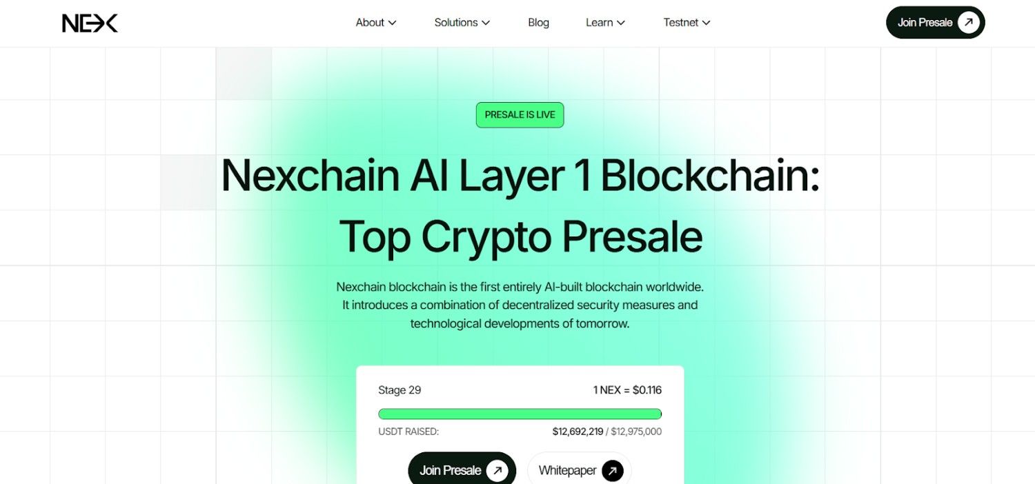 Nexchain AI Layer 1 blockchain presale dashboard showing sharding architecture, validator nodes