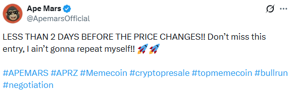 ApeMars Presale Stage 15 timeline with burns and claims