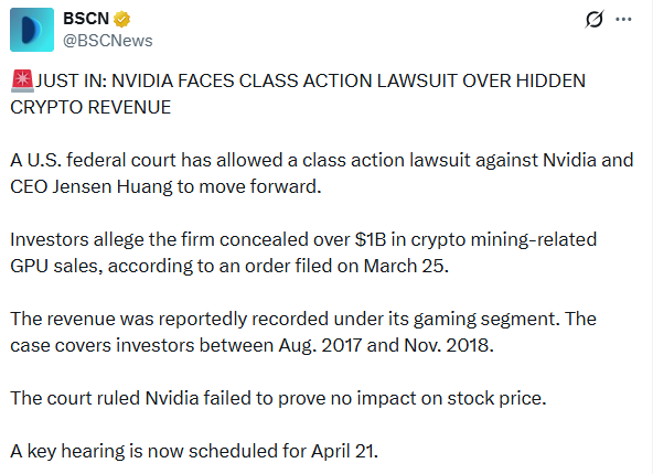 Nvidia crypto revenue lawsuit over hidden mining GPU sales