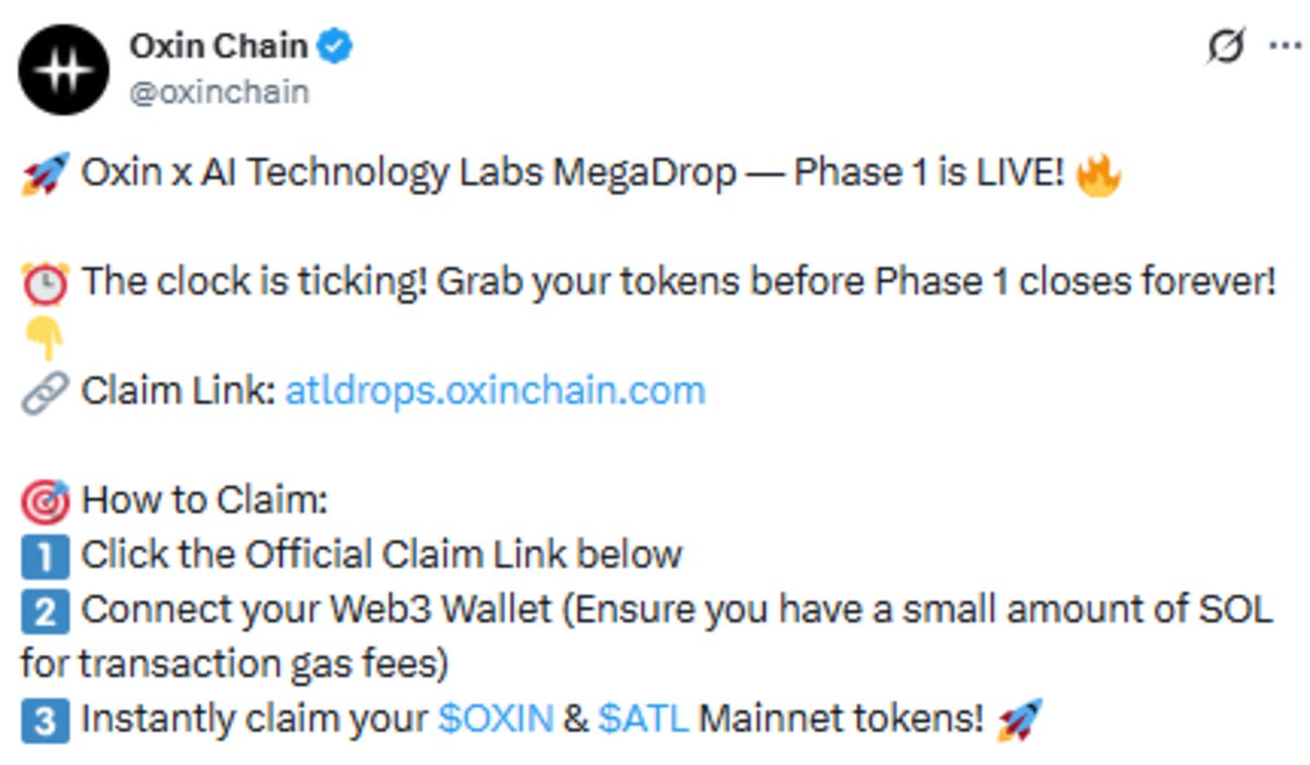 Official X Post of Oxin Chain Showing Megadrop details