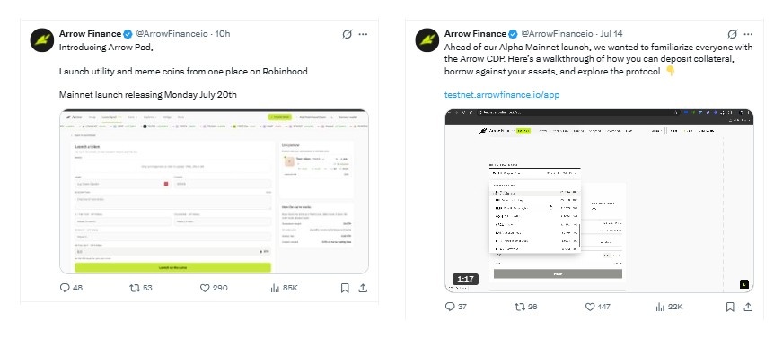Arrow Finance tweet announcing Arrow Pad mainnet launch on July 20