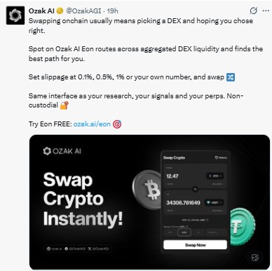 Ozak AI EON, describing it as a tool that routes swaps Ozak AI EON, describing it as a tool that routes swaps