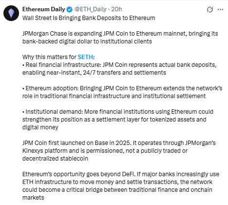 An Ethereum Daily post says JPMorgan Chase