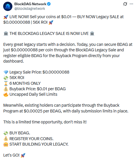 BlockDAG Legacy Sale price $0.00000088 56X ROI buyback 