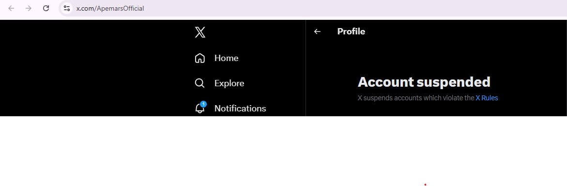 official ApeMars X (formerly Twitter) account was suspended official ApeMars X (formerly Twitter) account was suspended