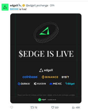 EDGE listing announcement on major crypto exchanges