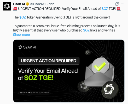 Ozak AI TGE dashboard showing OZ presale progress 