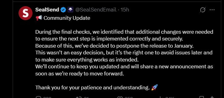 SealSend Listing Date Postponed