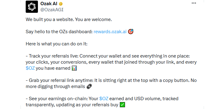 Ozak AI new rewards dashboard