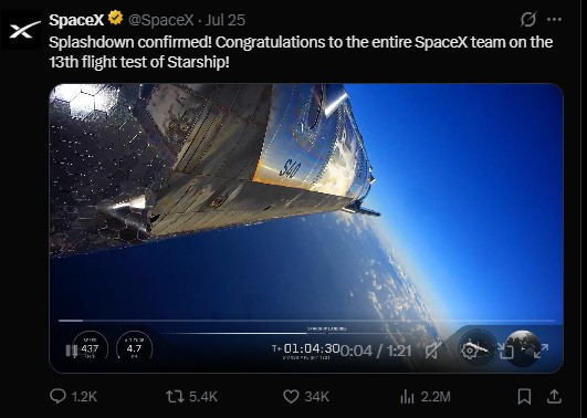 Starship completed its 13th test flight