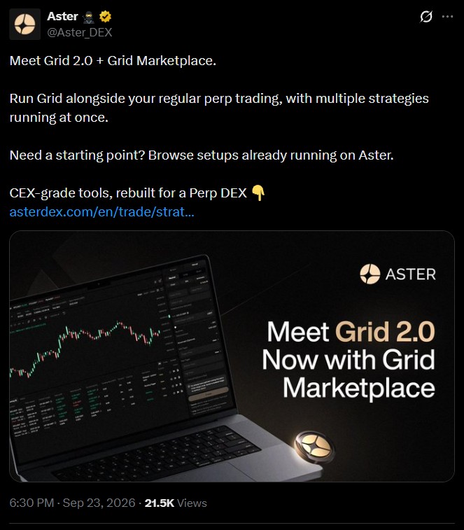 Aster Launches Grid 2.0 and Grid Marketplace for Perpetual Trading