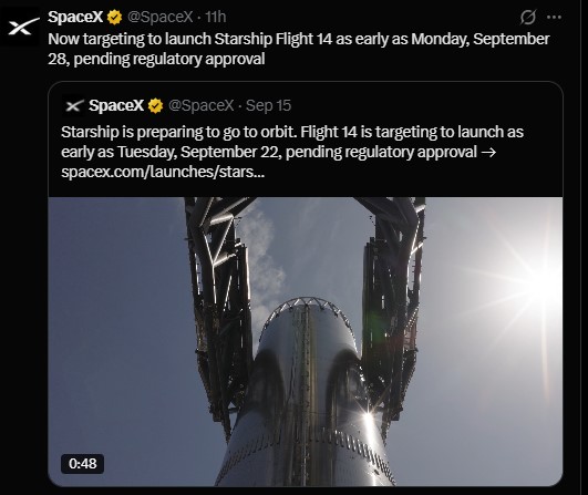SpaceX moved the 14th Starship test flight from September 22 to September 28 SpaceX moved the 14th Starship test flight from September 22 to September 28