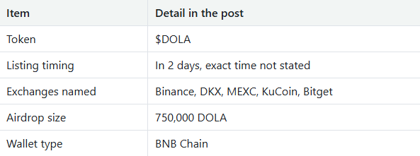 Dola AI Token Listing countdown with 750K DOLA airdrop and named exchanges Dola AI Token Listing countdown with 750K DOLA airdrop and named exchanges