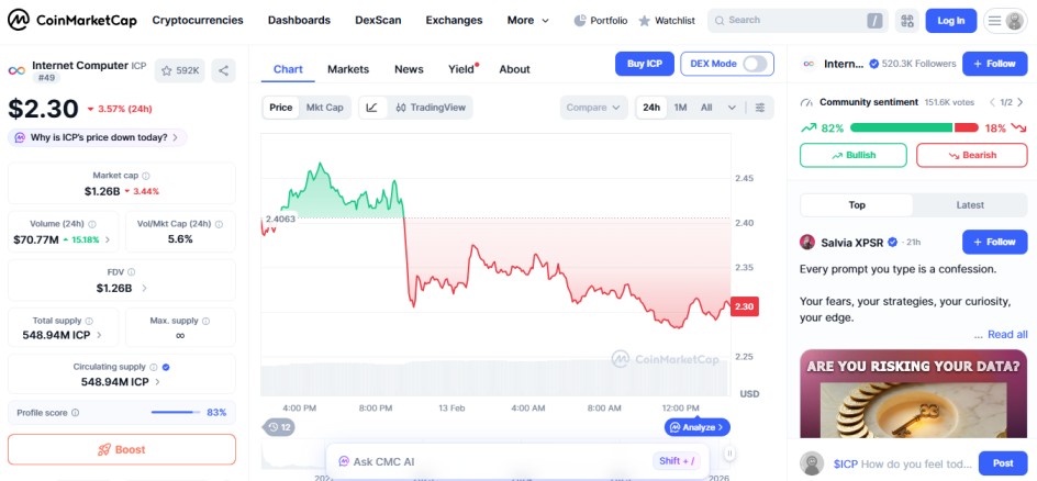 top crypto losers today, coin market cap, february, 13 2026,  internet computer ICP