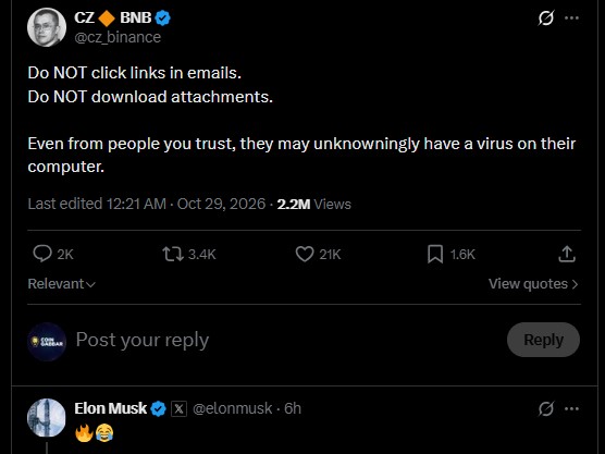 Elon Musk posted fire and laughing emojis under CZ's warning