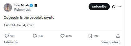 Elon Musk tweeted, "Dogecoin is the people's crypto