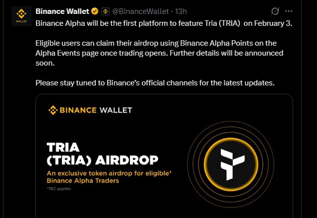 Binance Listing Tria Airdrop