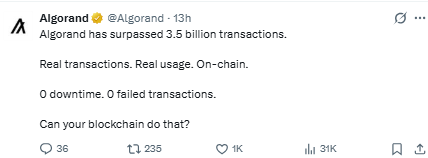 Algorand 3.5B transactions zero downtime onchain data