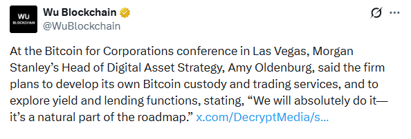 Morgan Stanley plans to develop its own bitcoin custody and trading services